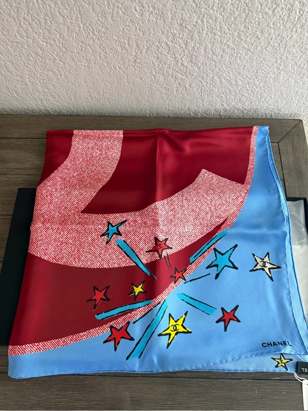 CHANEL Red, Blue & Yellow Star Silk Scarf